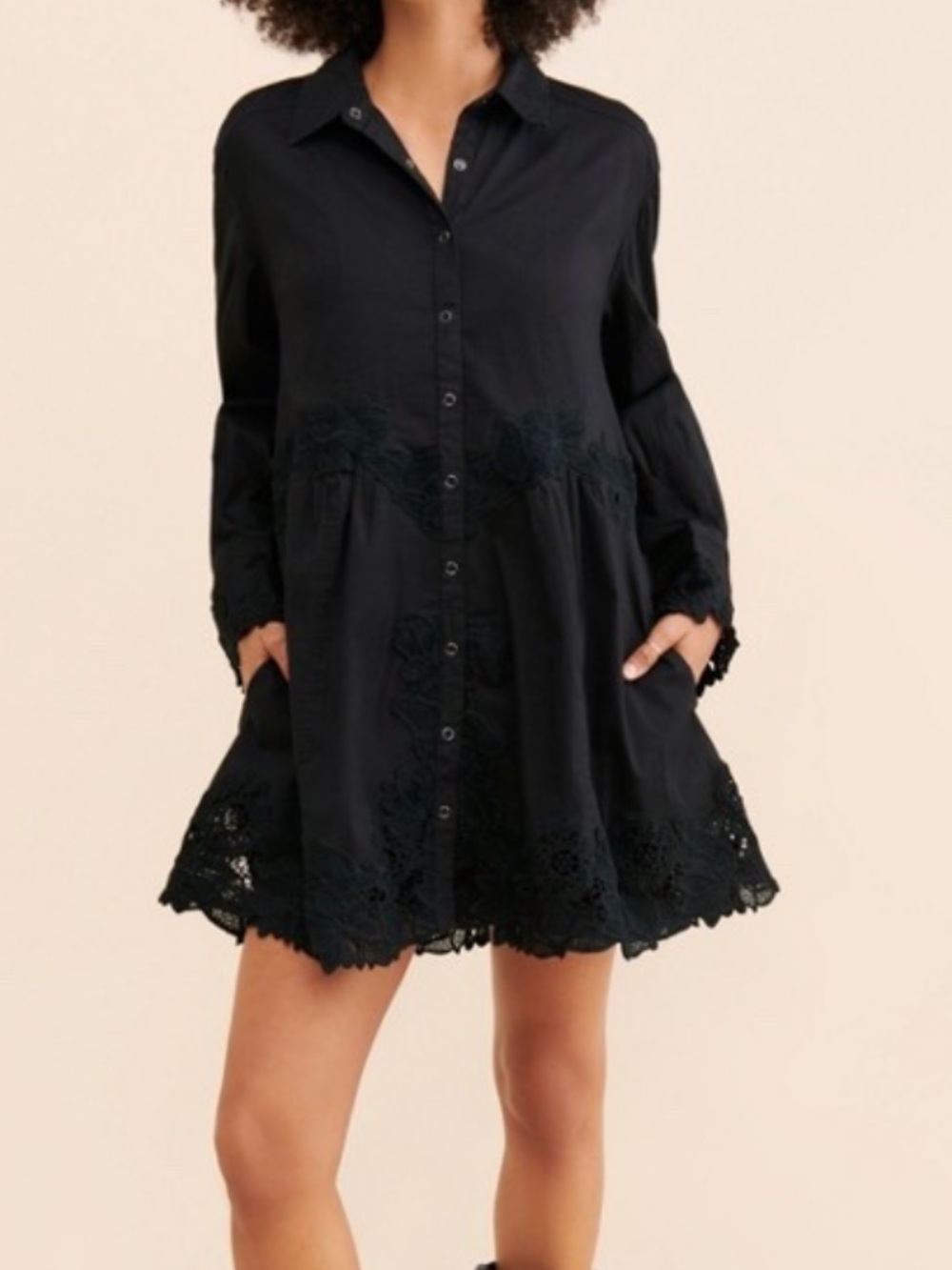 Free People Constance Black Button-Front Lace Hem Mini Dress